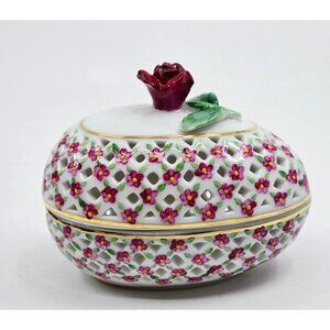 Vintage Hand Painted Porcelain Reticulated Trinket Box With Rose Lid & Floral La